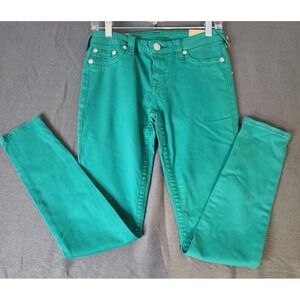 True Religion Pants Womens Sz 28 Coated Green Super Skinny‎ Pockets Stretch NWT